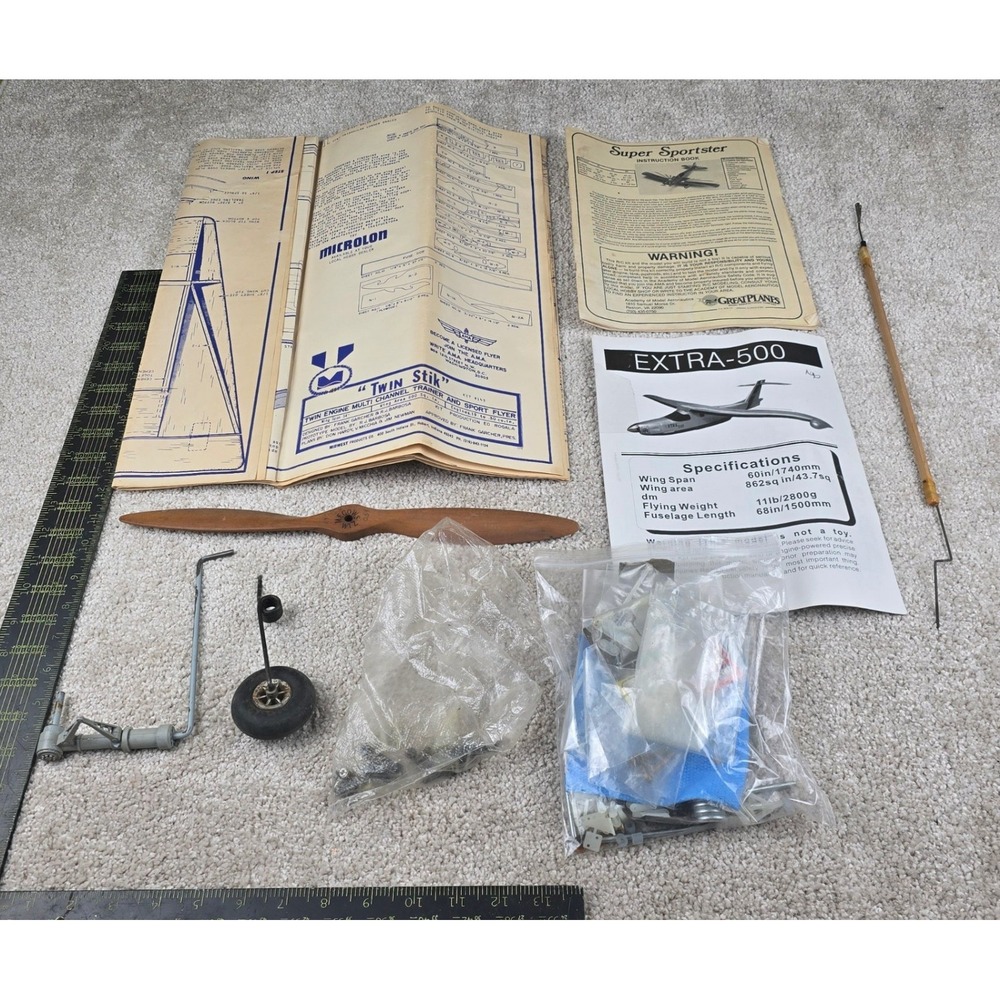Midwest Twin Stik RC Airplane Parts Manuals Propeller Landing Gear Extra-500 Lot
